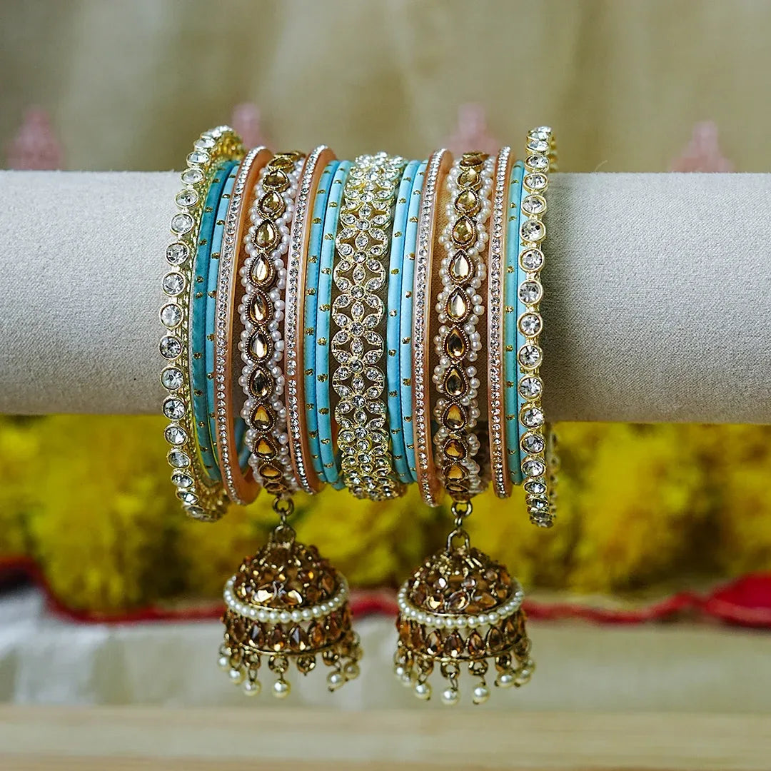 Designer Metal Bangles Set with Jhumki for Women (Both Hands) - The Golden Cascade